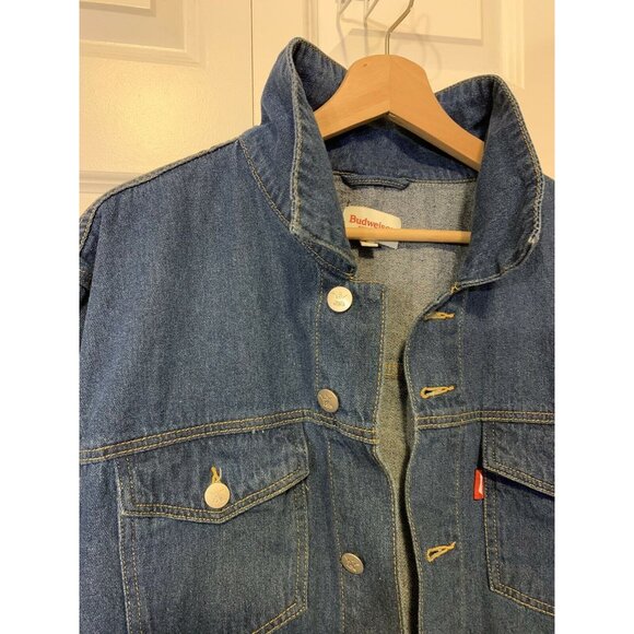 New Budweiser Denim Men’s Sz L‎ Blue Trucker Button Jean Logo Jacket NWT - Picture 9 of 11